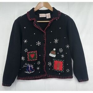 Basic Editions Black Cardigan with Festive Christmas Sweater Vintage Medium‎